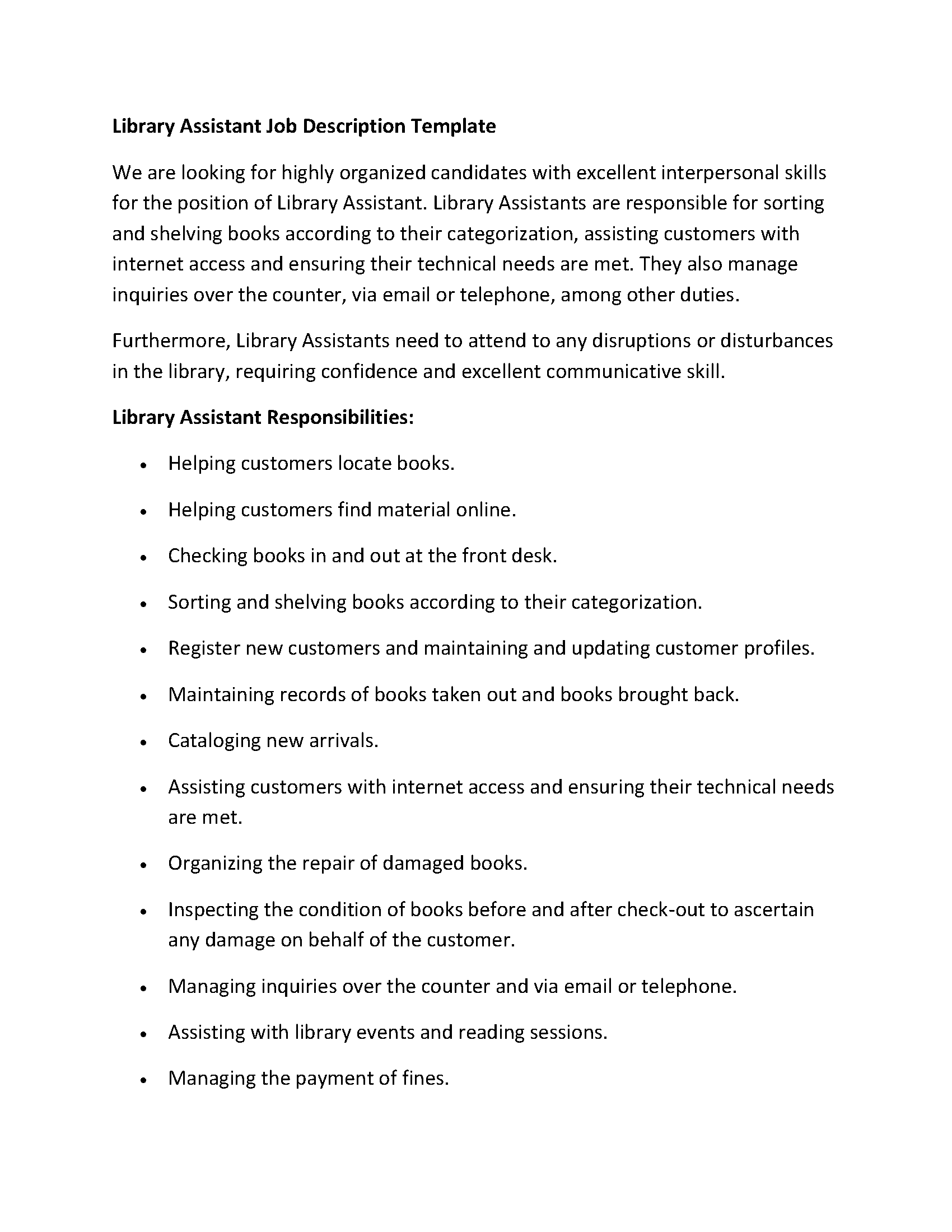 Library Assistant Job Description Template